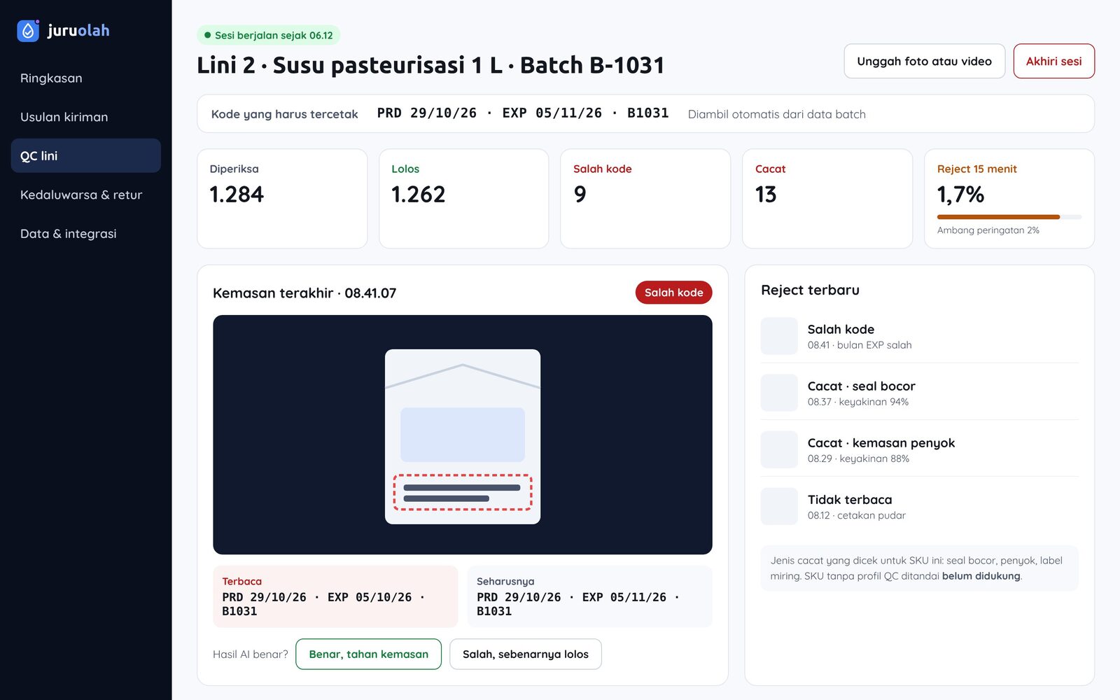 Line QC screen with print-code readings and photos of rejected packs